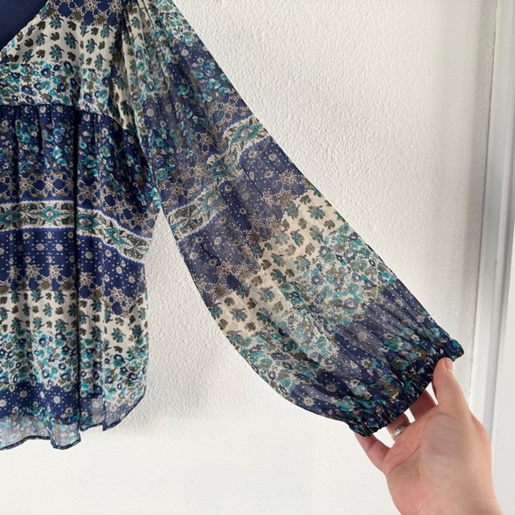 Boho Ditsy Floral Relaxed Plus 1X Patch Pattern Top Cottagecore Sheer Tie Neck - Picture 3 of 10